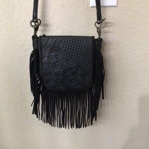Montana west fringed, black, tooled, leather Crossbody handbag